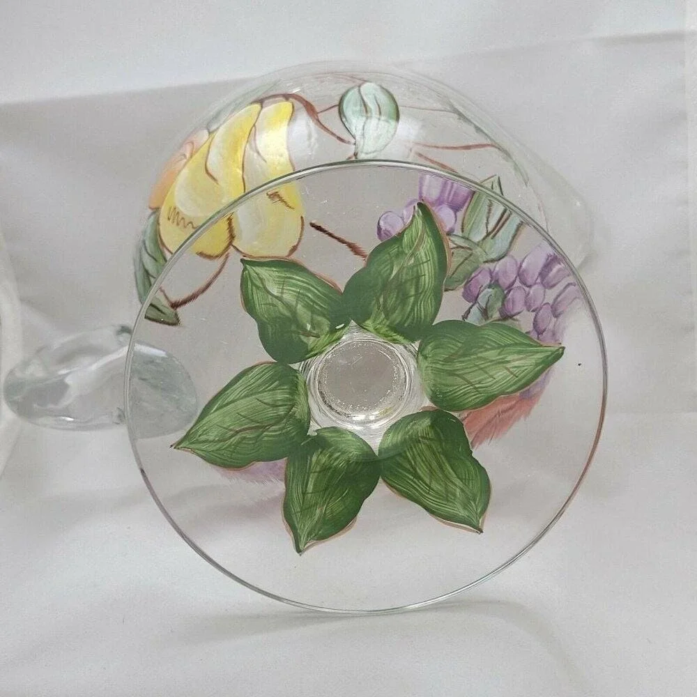 American Atelier Crackle Glass Fruit Gravy Boat Pitcher Romania‎ Hand Paint Leaf